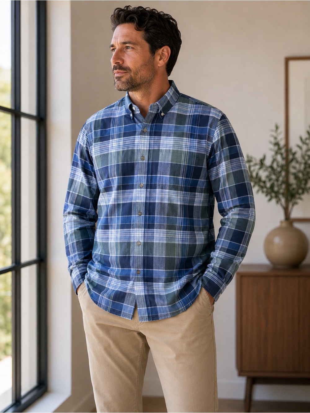 Van Heusen Men’s XXL 18-18.5 Blue Green Plaid Button Down Shirt Big & Tall